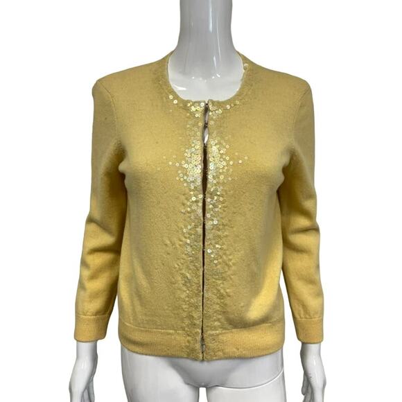VINCE Yellow 100% Cashmere Crew Neck Sequin Accent Long Sleeve Cardigan Jacket L - Picture 1 of 5